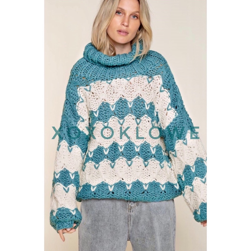 POL Teal & Ivory Stripe Handmade Chunky Knit Sweater - Picture 3 of 12
